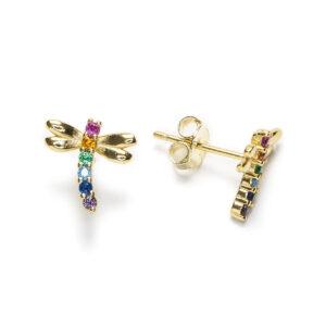 Pendientes Plata Dorada Libelula con Circonitas de colores
