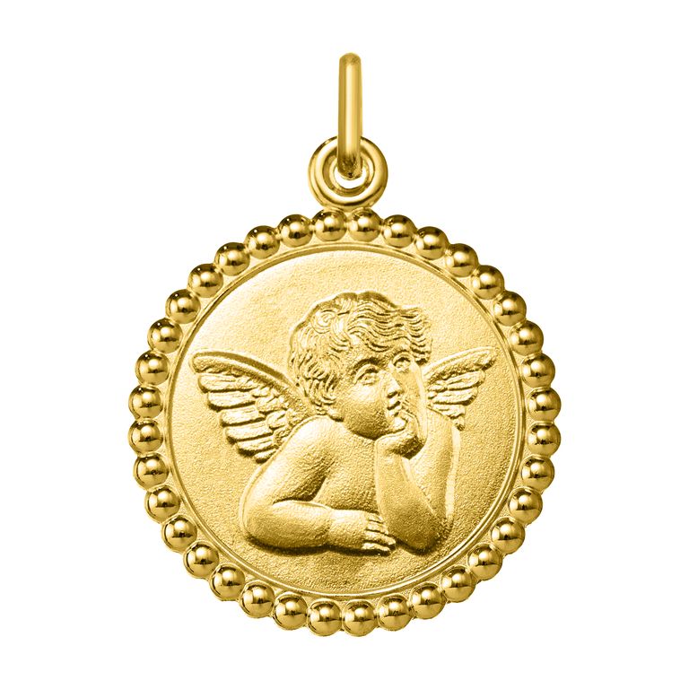 Medalla Oro Amarillo 18k Ángel de la Guarda Bisel Bolitas