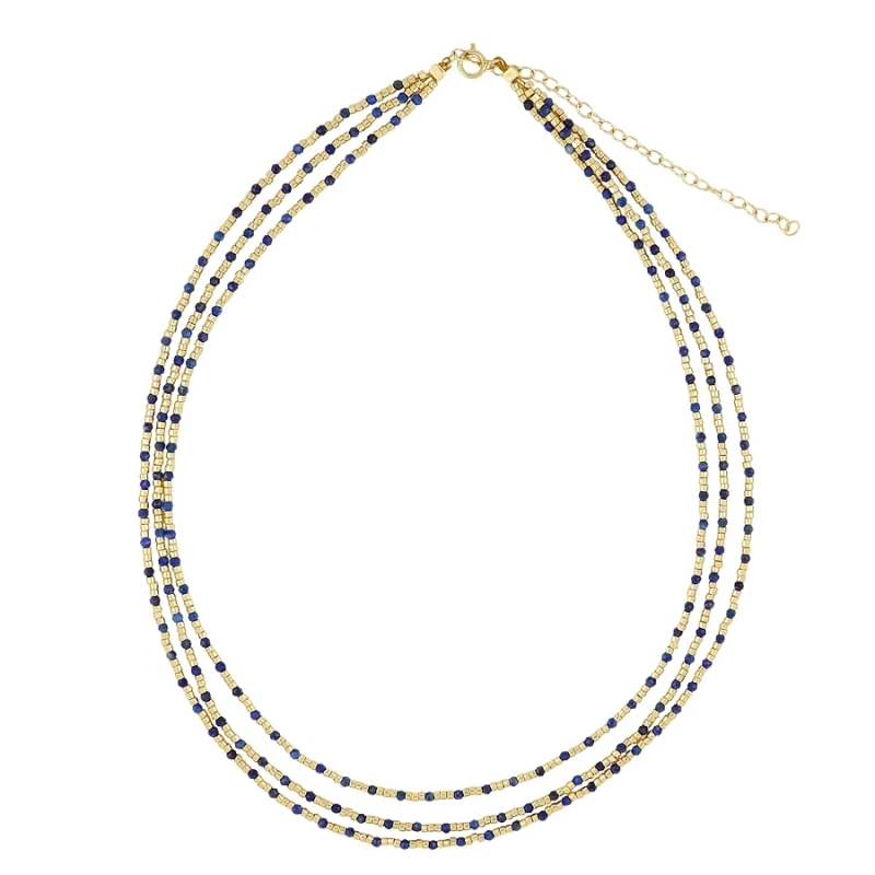 Collar Plata Dorada Triple Lapislazuli