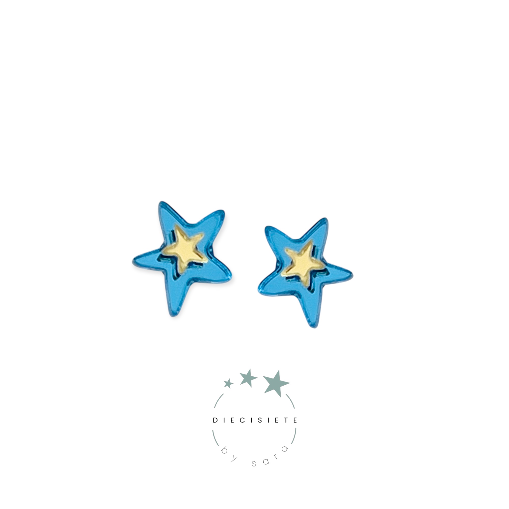 Pendientes Mini Estrellita Doble Azul y Oro