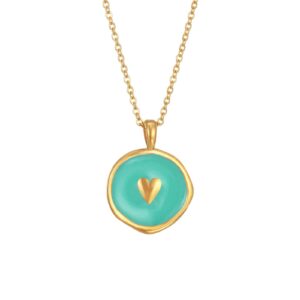 Collar Acero Dorado Medalla Corazón Esmalte Verde Agua