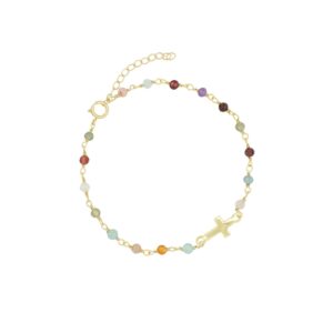 Pulsera Plata Dorada Rosario Cruz Turmalinas Multicolor