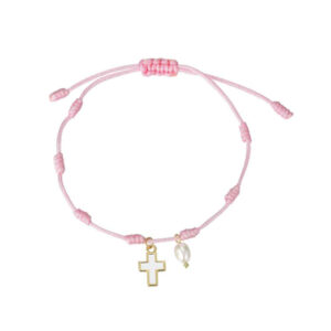 Pulsera Hilo Rosa Nudos y Chapa Plata Dorada Cruz Nacar