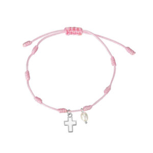 Pulsera Hilo Rosa Nudos y Chapa Plata Cruz Nacar