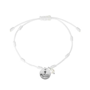Pulsera Hilo Blanco Nudos y Chapa Grabado Primera Comunión