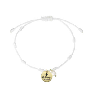 Pulsera Hilo Blanco Nudos y Chapa Plata Dorada Grabado Primera Comunión