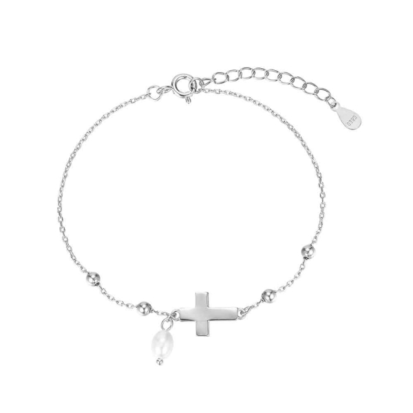 Pulsera Plata de Ley Cadena Bolas y Cruz con Perla