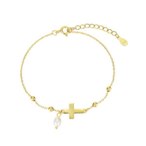 Pulsera Plata de Ley Baño de oro Cadena Bolas y Cruz con Perla