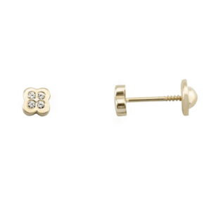 Pendientes Rosca Oro 18k Flor Trebol mini Circonitas