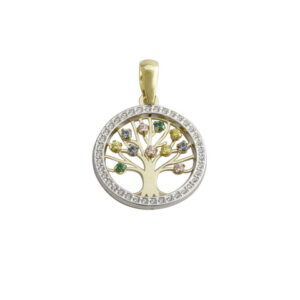 Colgante Árbol en Oro con Circonitas multicolor y Cerco Circonitas Multicolor 18mm