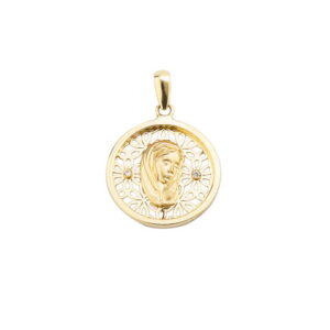 Medalla en Oro de 18k Virgen con flores y Nacar 16mm