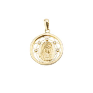Medalla en Oro de 18k  Virgen con Corona y Circonitas 16mm