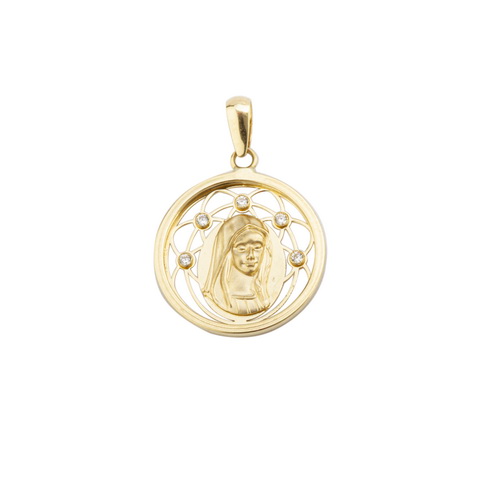 Medalla en Oro de 18k Virgen con Corona y Circonitas 16mm