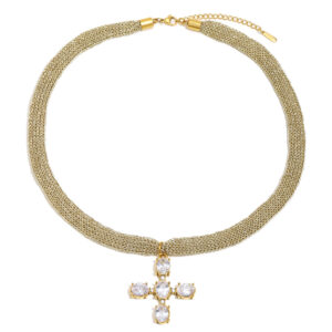 Collar Acero Dorado Malla Y Cruz Circonitas