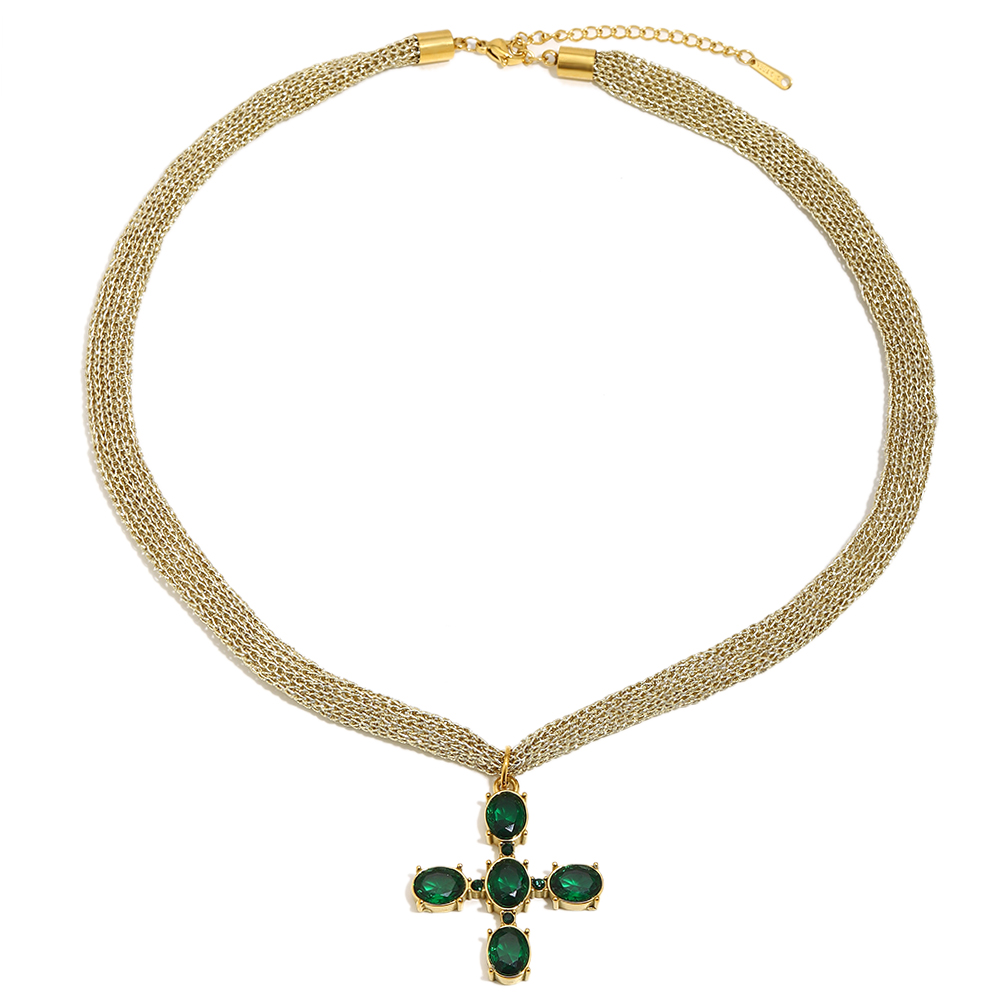 Collar Acero Dorado Malla Y Cruz Circonitas Verdes