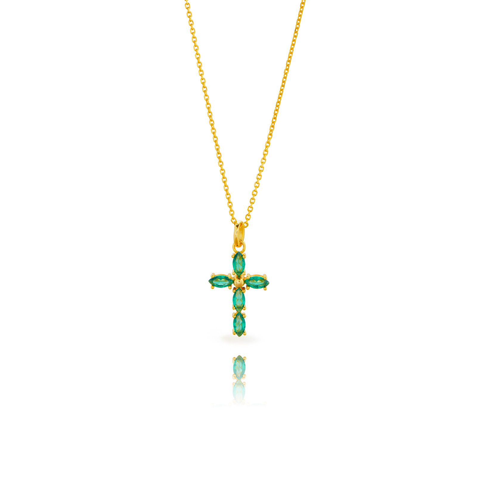 Collar Plata Dorada Cruz Circonitas Verdes Marquise