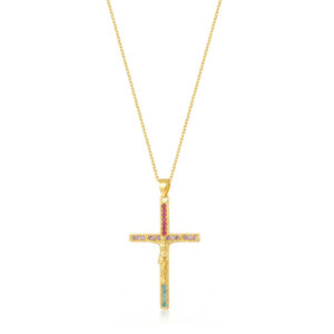 Collar Plata Dorada Cruz Con Cristo Circonitas Multicolor