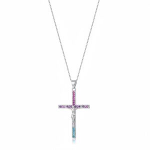 Collar Plata Cruz Con Cristo Circonitas Multicolor