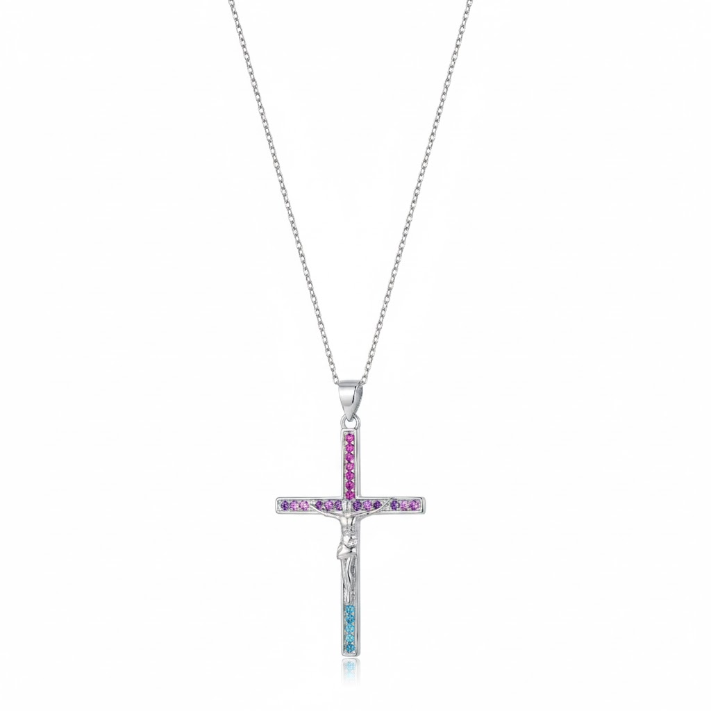 Collar Plata Cruz Con Cristo Circonitas Multicolor