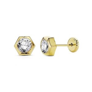 Pendientes Oro  Amarillo 18k Hexagono Circonita 3mm