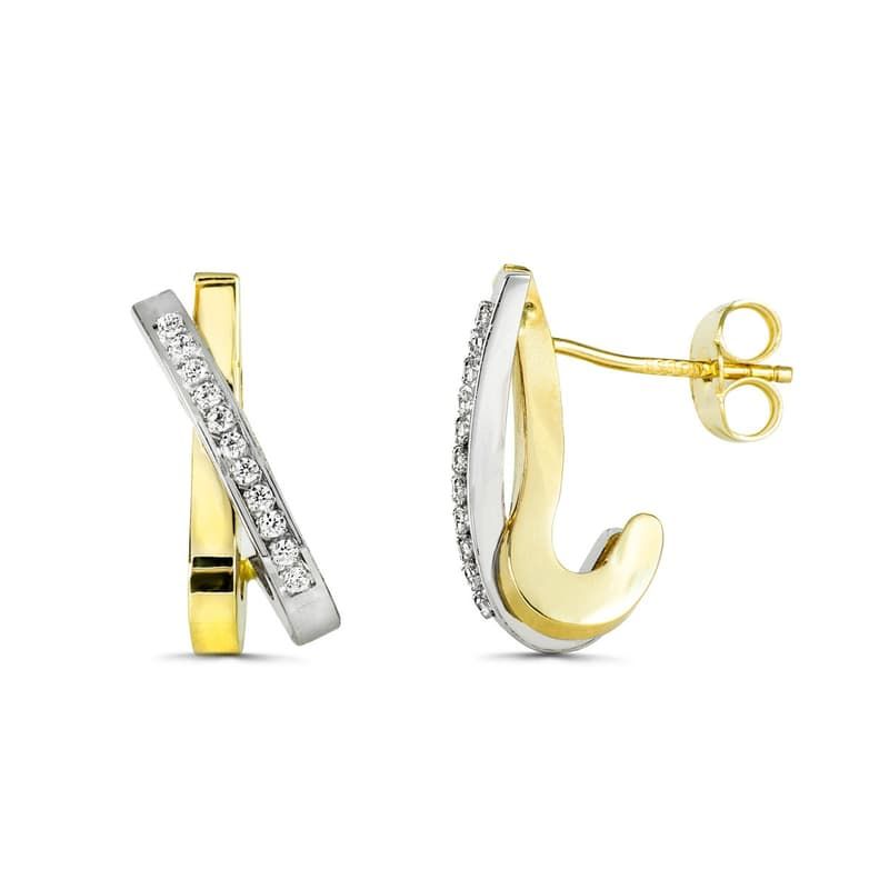 Pendientes Oro 18k Cruzado Bicolor Circonitas