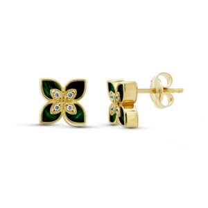 Pendientes Oro Amarillo 18k Flor Piedra Verde y Circonitas