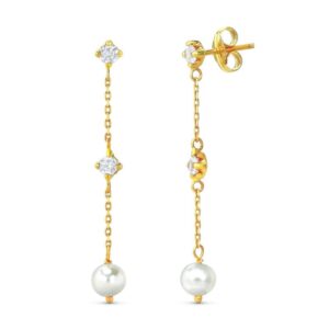 Pendientes Oro 18k Largos Cadena Perla y Circonitas