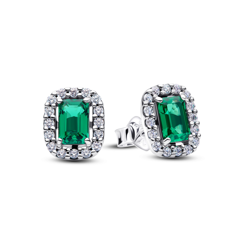 Pendientes de Botón Halo Rectangular Verde Brillante Plata de Ley 294501C01