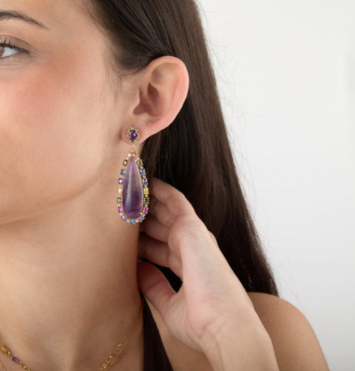 Pendientes Bronce Mineral Amatista y Circonitas Multicolor - Imagen 2
