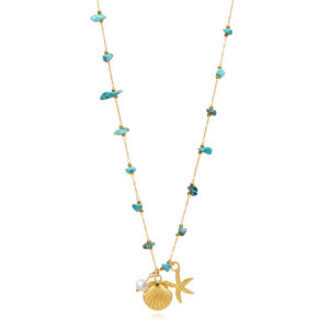 Collar Cadena Dorado Acero Turquesas y Colgante Estrella y Concha Marina