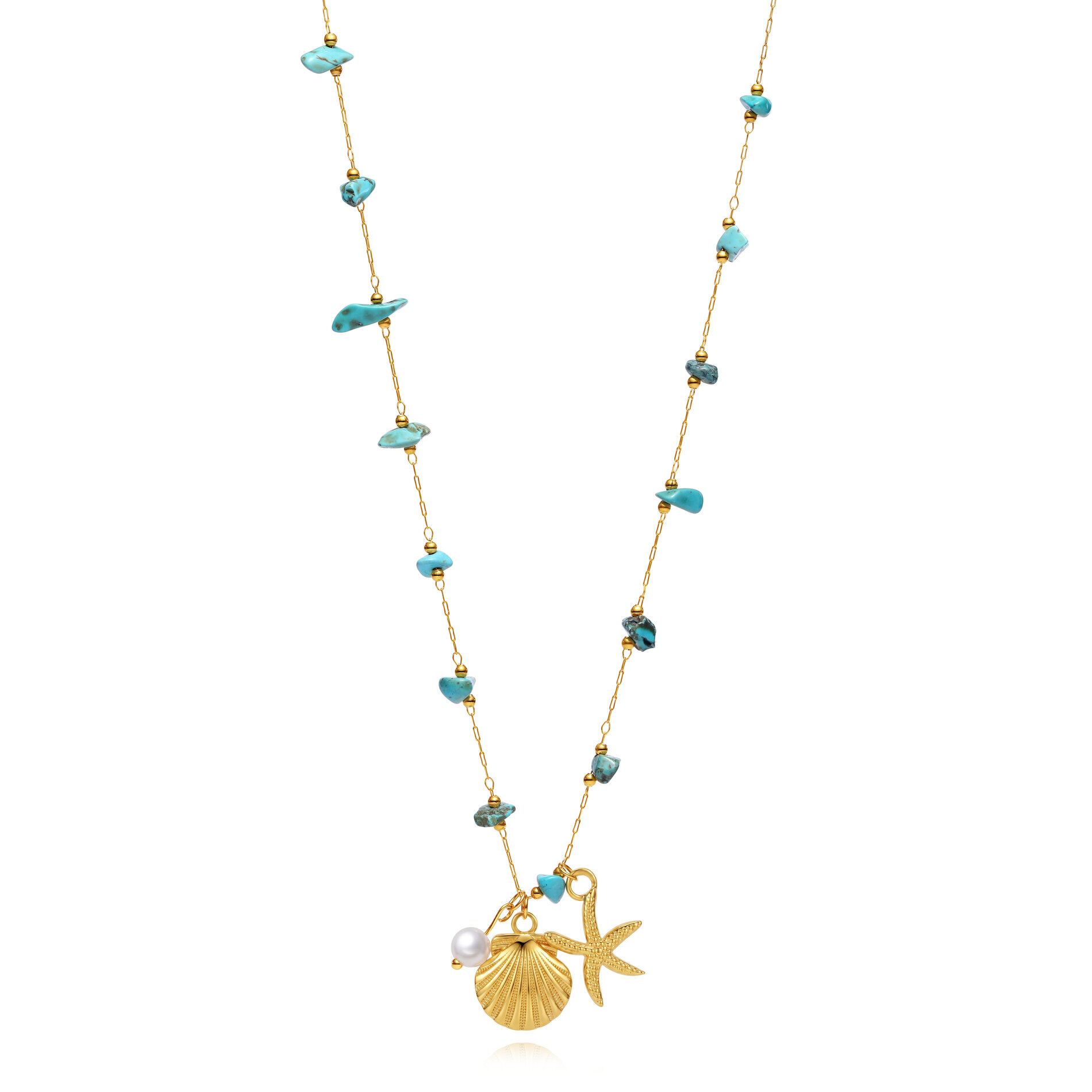 Collar Cadena Dorado Acero Turquesas y Colgante Estrella y Concha Marina