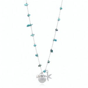 Collar Cadena Acero Turquesas y Colgante Estrella y Concha Marina