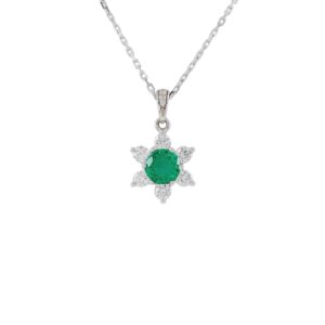 Gargantilla Oro Blanco 18k Flor Diamantes y Esmeralda