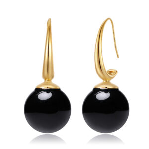 Pendientes Acero Dorado Gancho Bola Onix Negro