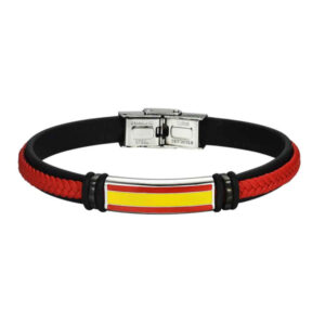 Pulsera Acero, Cuero Rojo Trenzado Bandera España Ajustable
