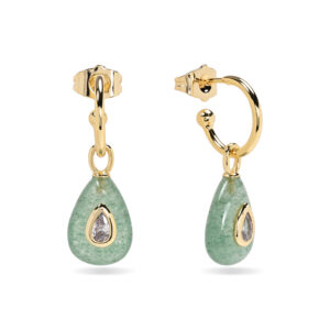 Pendientes  Semi Aro Bronce y Gota Cuarzo Fresa Verde