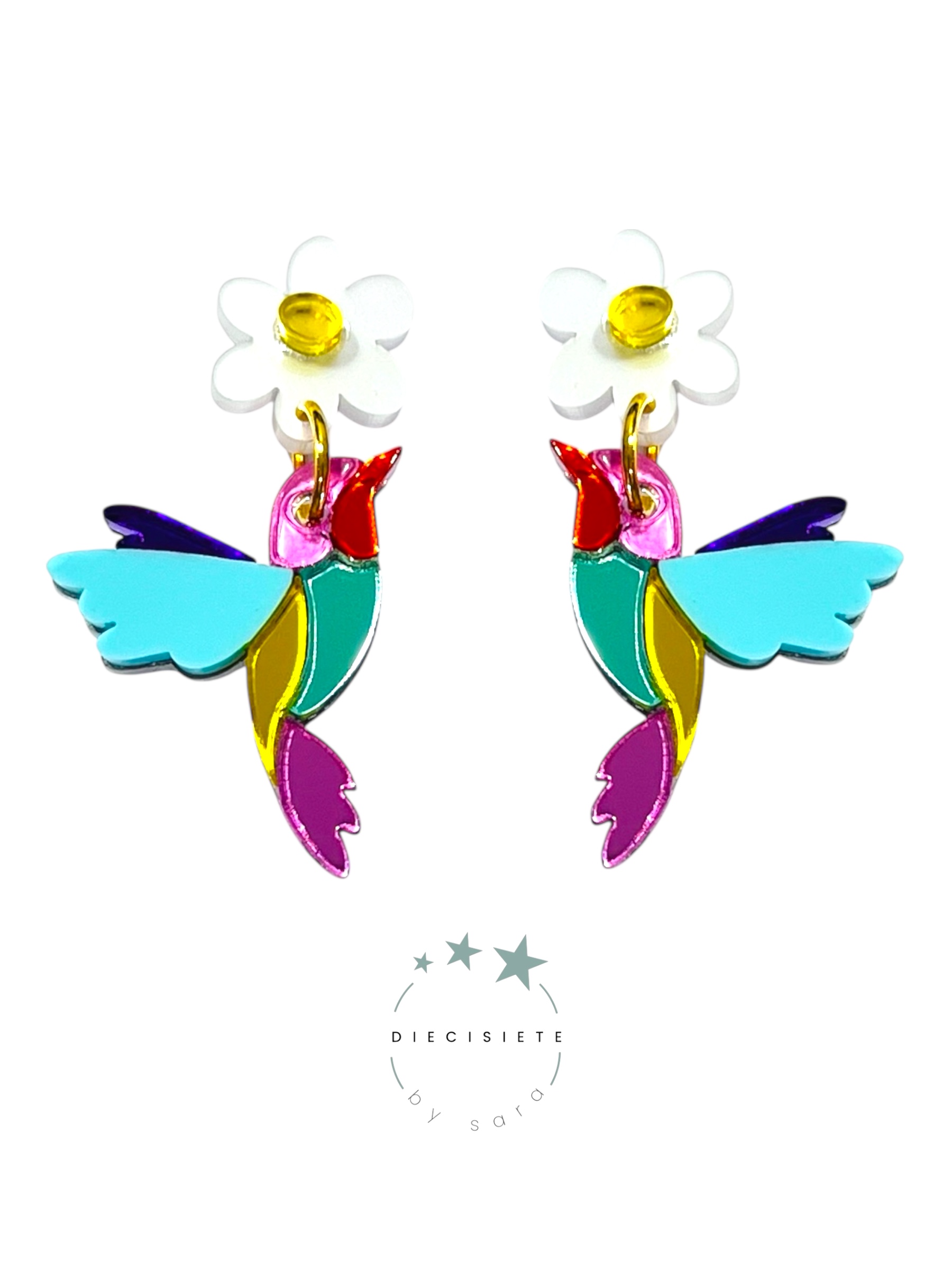 Pendientes Flor y Colibri Multicolor