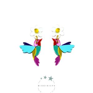 Pendientes Flor y Mini Colibrí Multicolor
