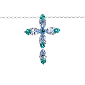 Collar Plata Cruz Circonitas Azul y Verde Agua