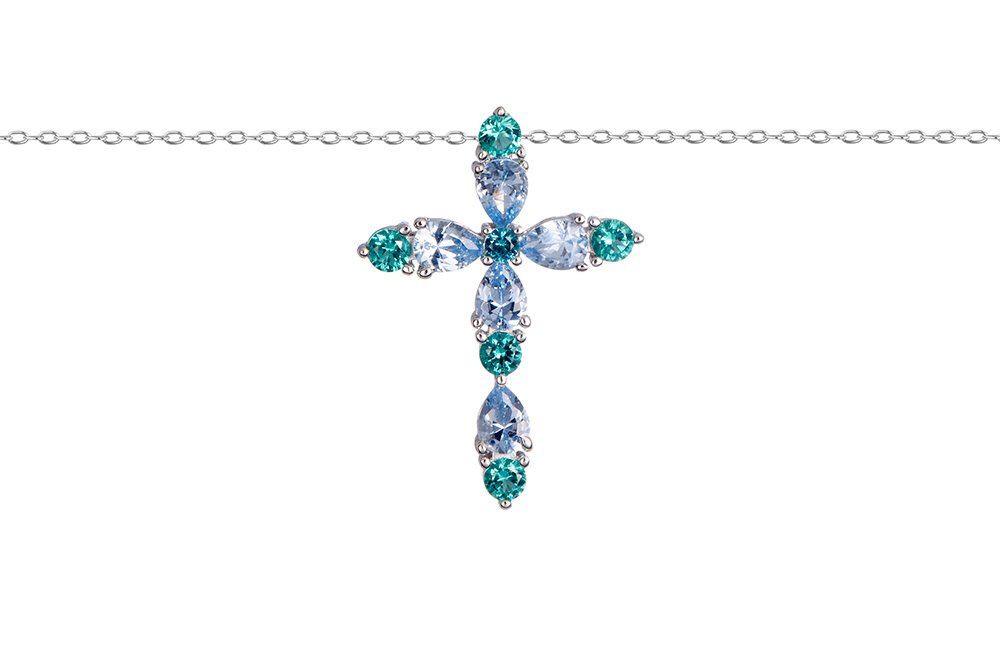 Collar Plata Cruz Circonitas Azul y Verde Agua