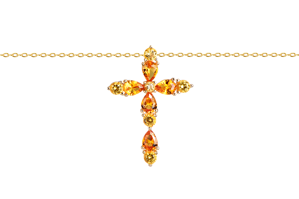 Collar Plata Dorada Cruz Circonitas Naranja y Amarillo