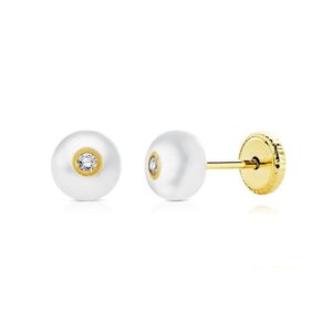 Pendientes Rosca Oro 18k Perla 6mm y Circonita