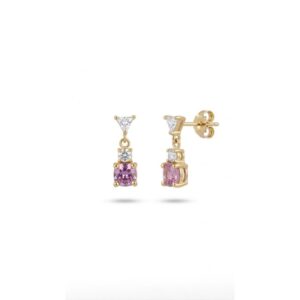 Pendientes Oro 18k Largos Circonitas y Piedra Rosa