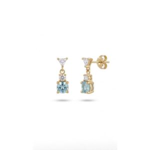 Pendientes Oro 18k Largos Circonitas y Piedra Azul