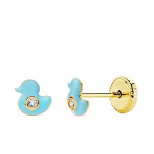Pendientes Rosca Patito Oro 18k y Esmalte Azul