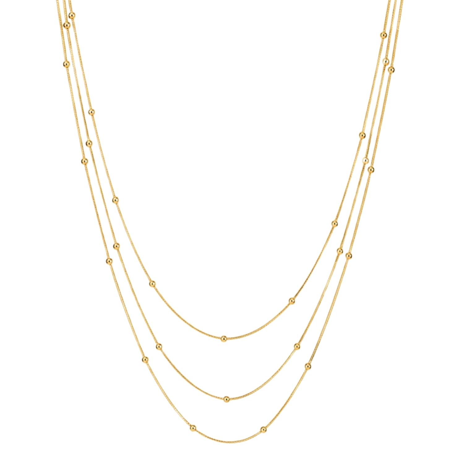 Collar Acero Dorado Triple Cadena Bolitas