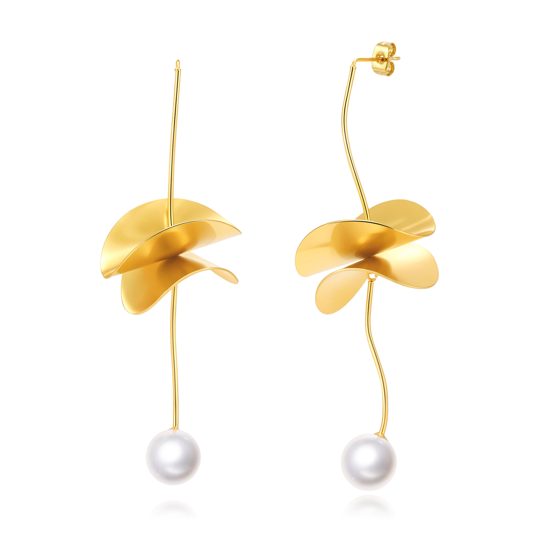 Pendientes Acero Dorado flor y Perla