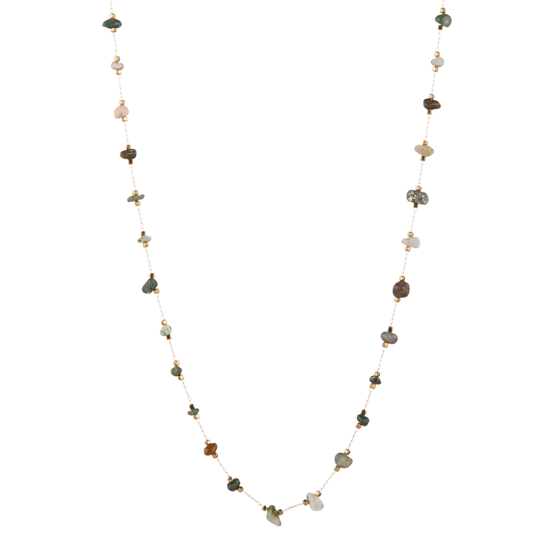 Collar Largo Acero Dorado Cadena y Mineral Agata Natural