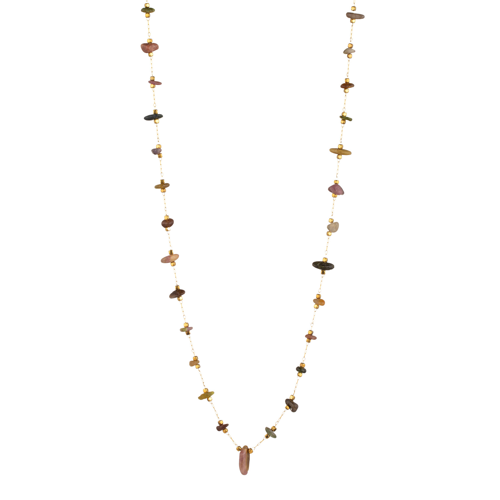 Collar Largo Acero Dorado Cadena y Mineral Turmalina Natural