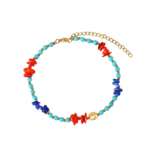 Tobillera Acero Mineral Símil Coral, Lapis y Turquesa